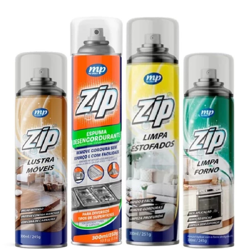 Kit 4 Produtos Mais Vendidos Zip Clean Espuma de Limpeza Desengordurante Fornos, Estofados e lustra moveis