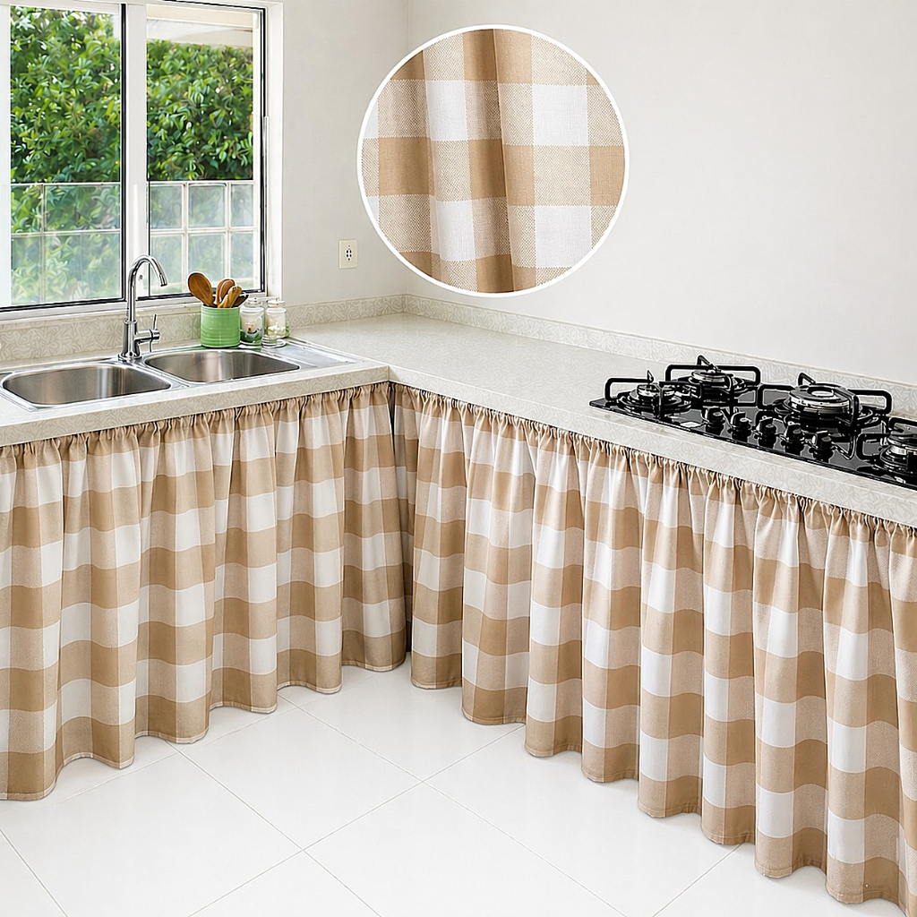 Cortina Para Pia Xadrez Bege/Avelã 0,90x2,80 - 2 Peças Tecido Oxford Cortininha Saia de Pia Cozinha Cuba