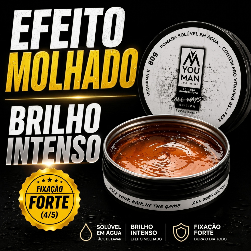 Pomada Modeladora Masculina Efeito Brilho Molhado Base Água Com Vitamina E Fixação Forte 80g You Man All Ways
