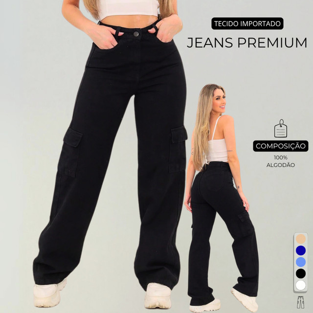 Calça Cargo Feminina Preta Jeans Original Wide Leg Cintura Alta 34 Ao 44 + 5 Cores