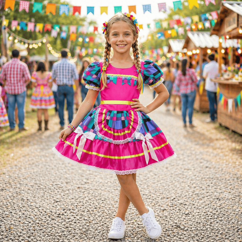 Vestido Infantil de Festa Junina Xadrez Caipira Quadrilha Tamanho 04 ao 16