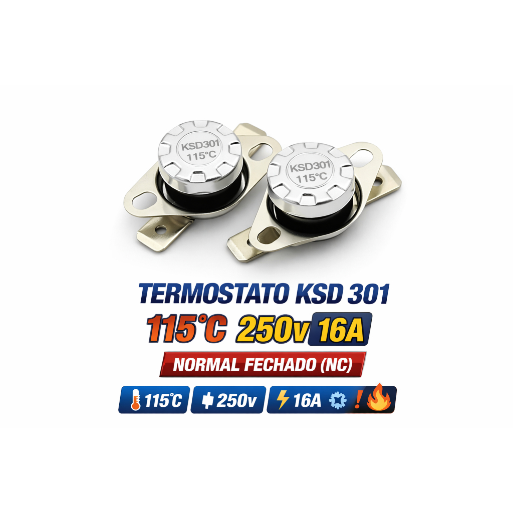 Termostato Ksd 301 115°c 250v 16a Normal Fechado Kit 2 Pçs