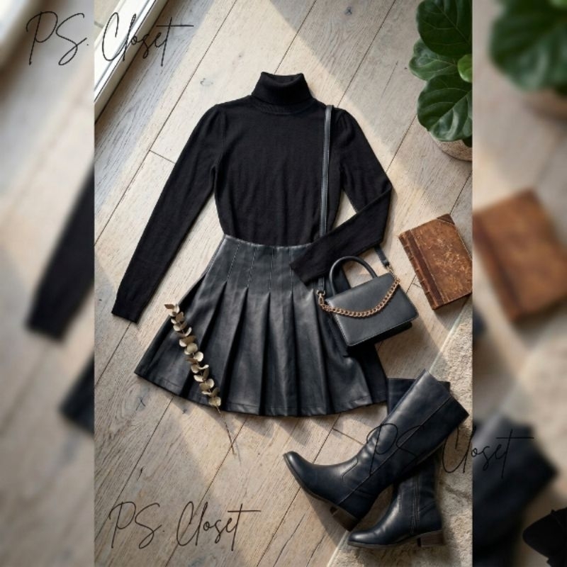 Conjunto Feminino Elegante Moda São João - Saia Plissada Couro PRETO + Body Suplex Gola Alta Tendência Inverno 2026