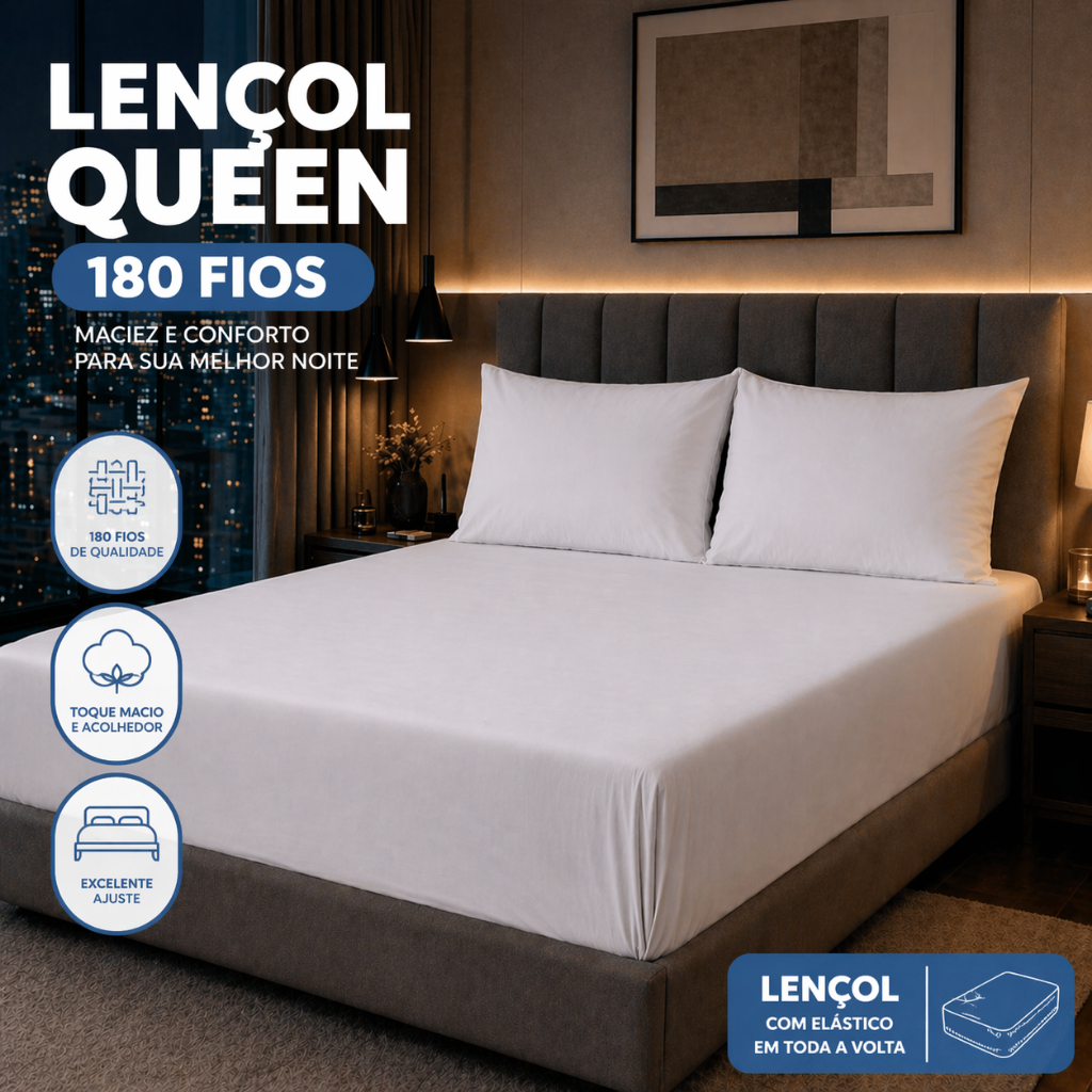 Jogo de Lençol Queen 3 Peças 180 Fios Elástico Micropercal Macio Não Faz Bolinha Cama Mesa Banho