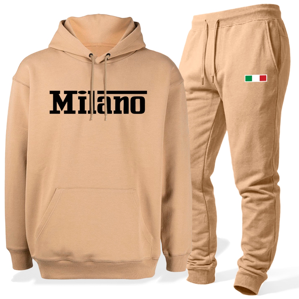 Conjunto Moletom Estampa Italia Milano Calça e Blusa Canguru Capuz Bolso Algodão Flanelado Quentinho