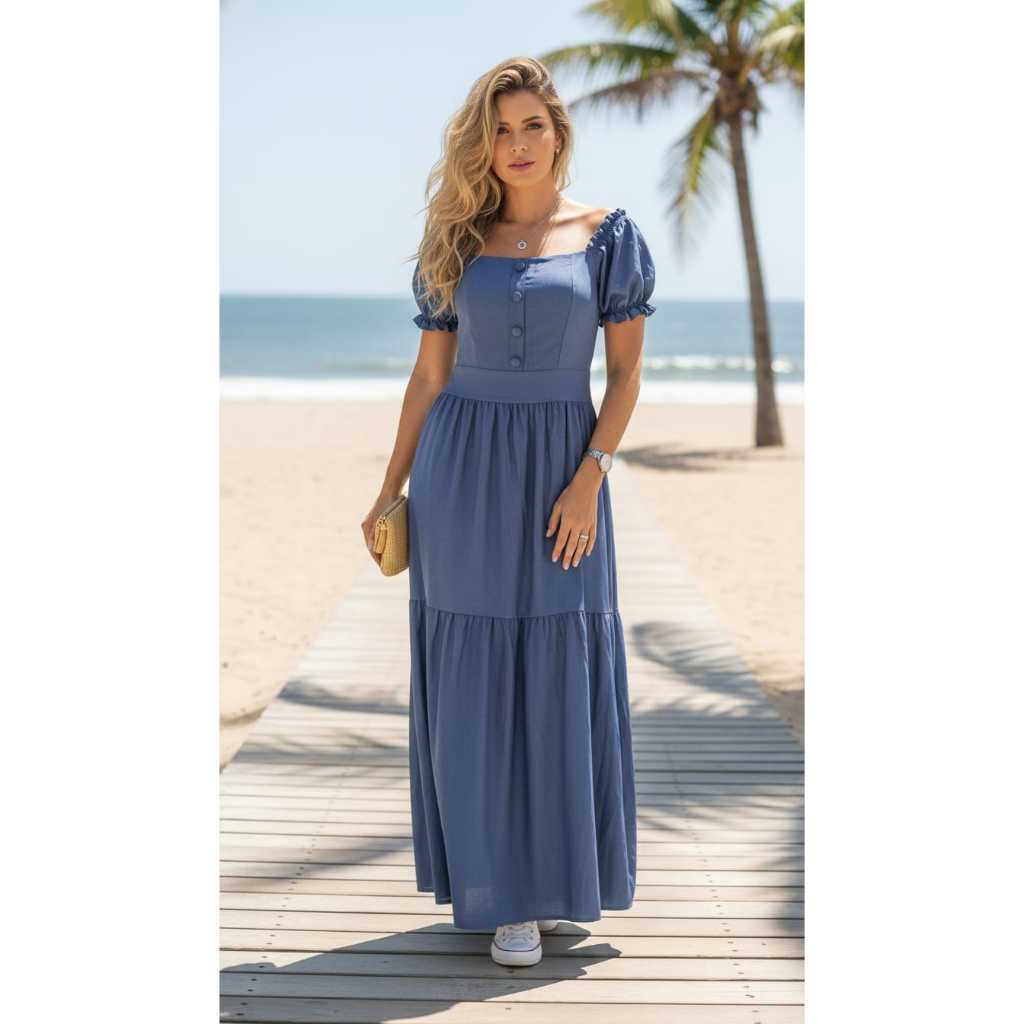 Vestido Longo Feminino Helena Ciganinha com Manguinha Tamanho M G GG