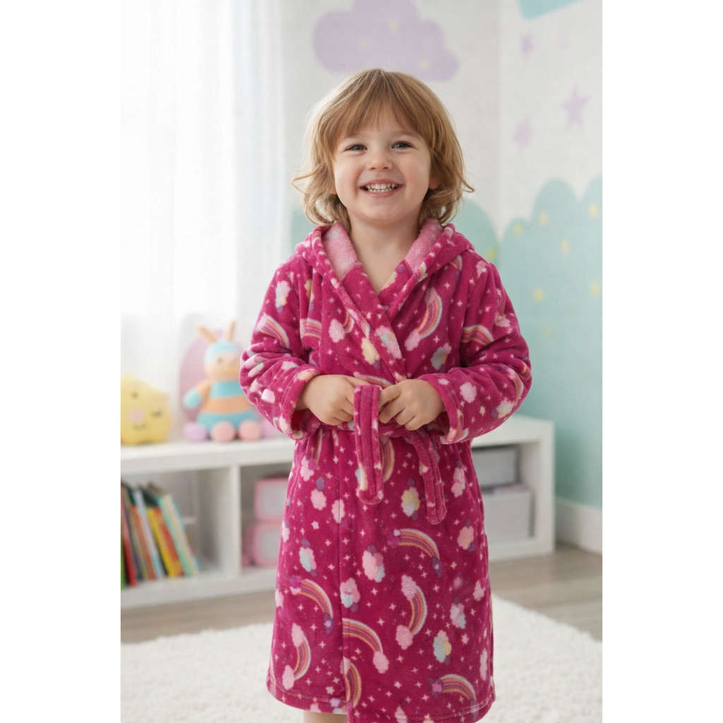 Roupão estampado Unicórnio, Arco-íris Rosa e Nuvem - Pós banho menina - Com cinto, capuz, manta microfibra soft - Macio