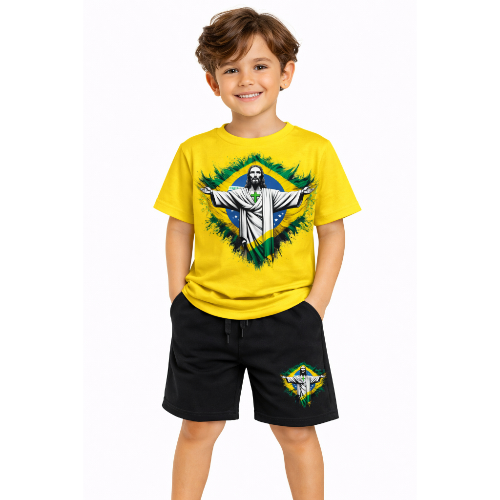 Conjunto Infantil Básico Estiloso – Camiseta Cristo redentor + Short Estampado Confortável