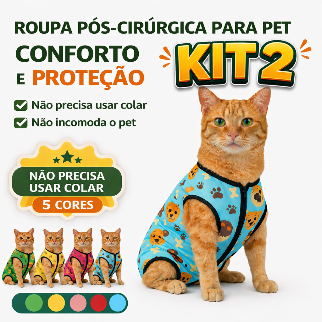Kit 2 Body Pet Anti Lambedura Conforto Proteção Castração 5 Cores Roupa Pós Cirúrgica Gato