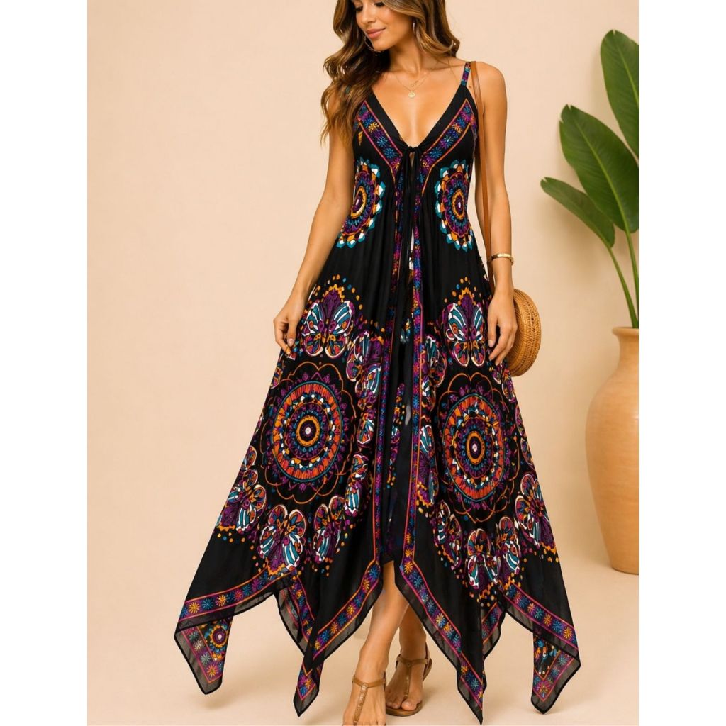 Vestido Envelope  Lenço Indiano Longo Feminino  Estampado Soltinho Elegante Moda Praia Premium