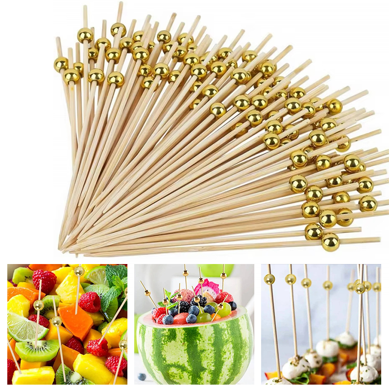 Kit 100 Palitos de Bambu 12cm Para Petisco Decorado Bolinha dourada
