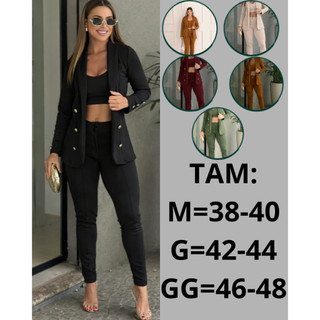 Conjunto 3 Três Peças Tipo Alfaiataria Calça Cropped Blazer Malha Crepe Conjunto Feminino Social Luxo