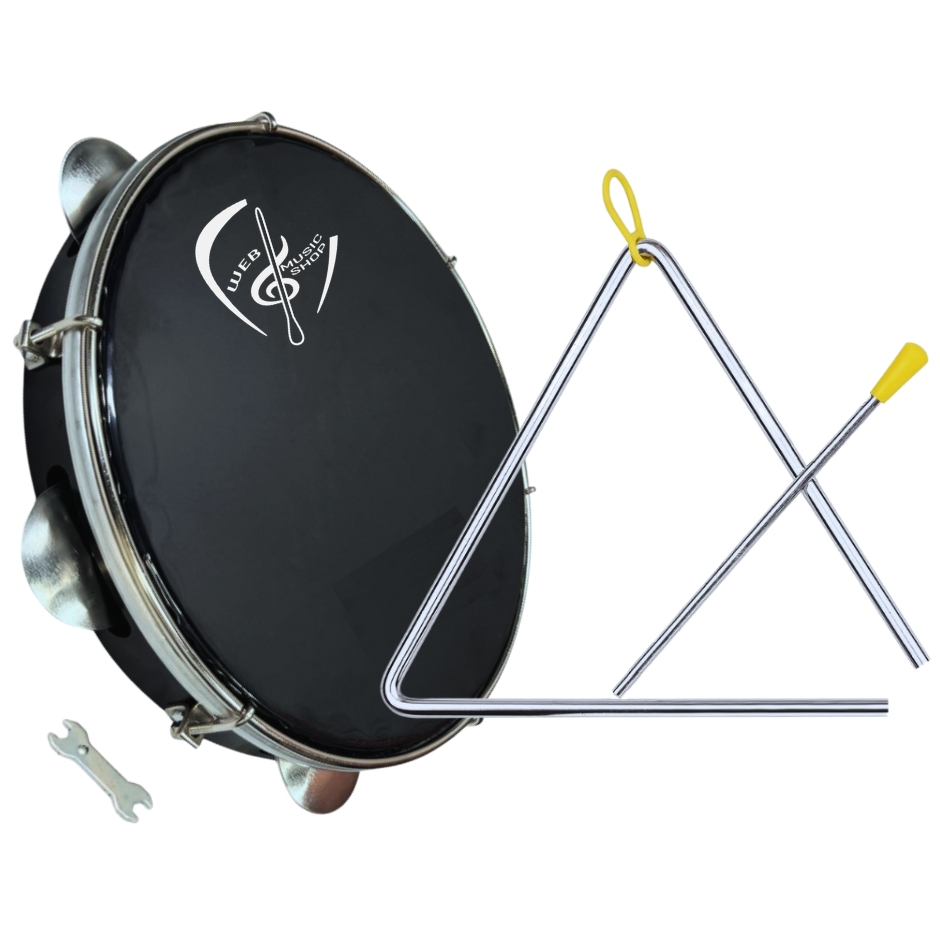 Kit Pandeiro 10" Polegadas Pele Preta WMS + Triângulo AM