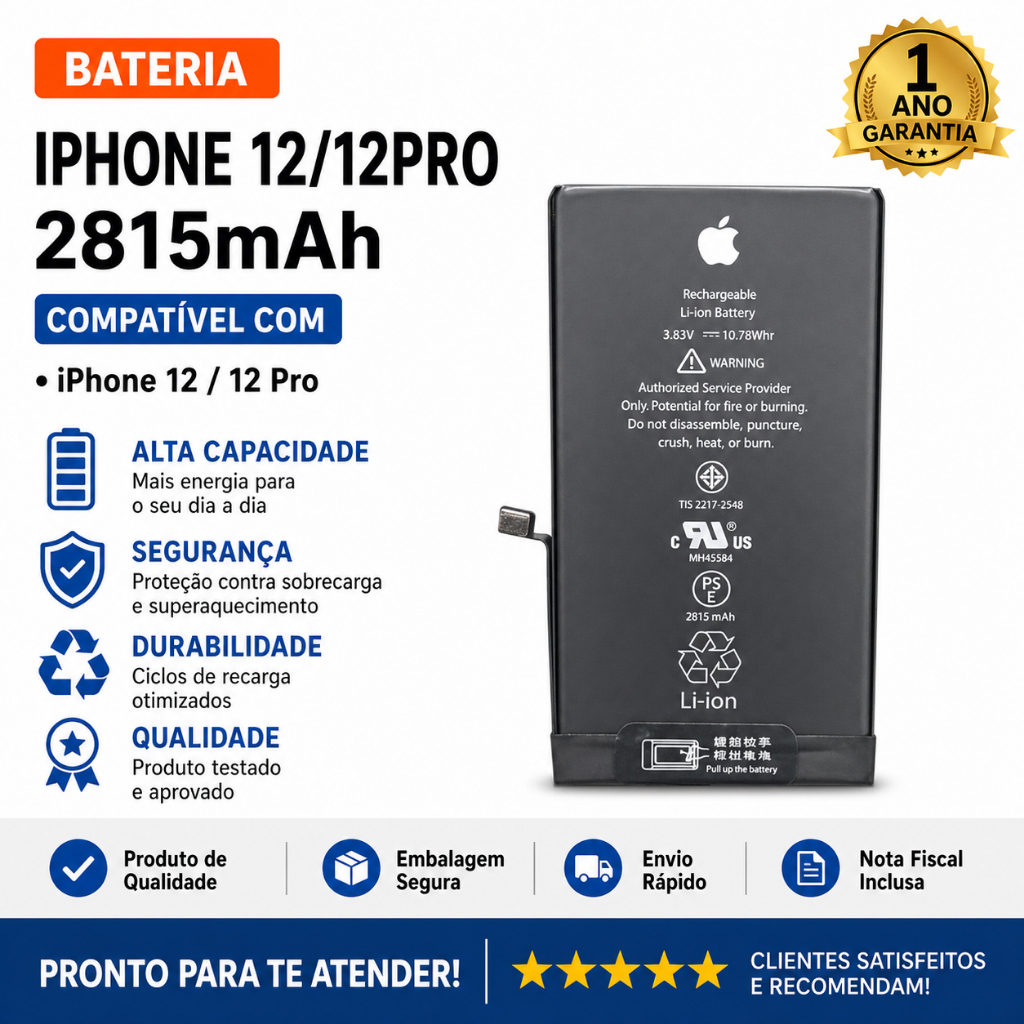 Bateria iPhone 12 / 12 Pro Nova Alta Capacidade 2815mAh Duração Prolongada Compatível Garantia 1 Ano