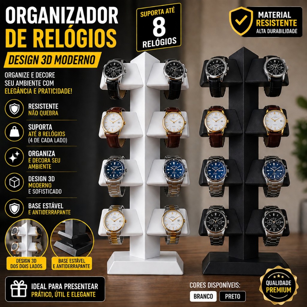 Expositor Premium 8 Relógios: Organize Sua Coleção com Elegância e Destaque! • Foco: Luxo, organização e visibilidade.
