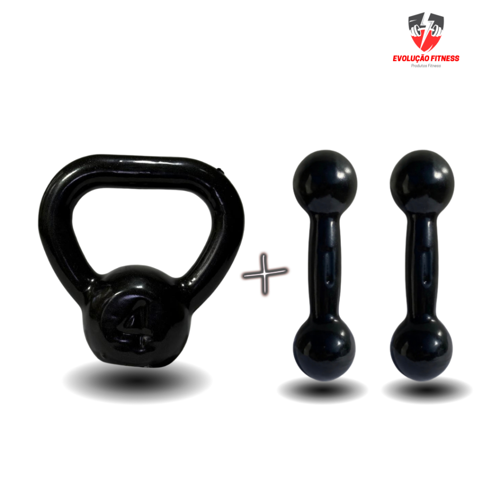 Kit Academia Completo Halter 1kg A 3kg Par + Kettlebell 4kg Treino em Casa