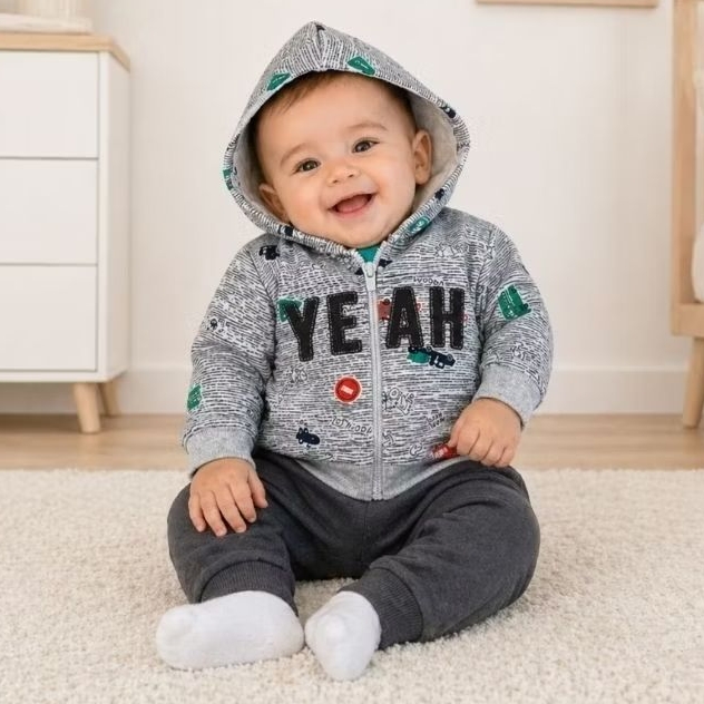 Conjunto Bebê Menino Moletom Pelúciado Felpado Capuz Elian