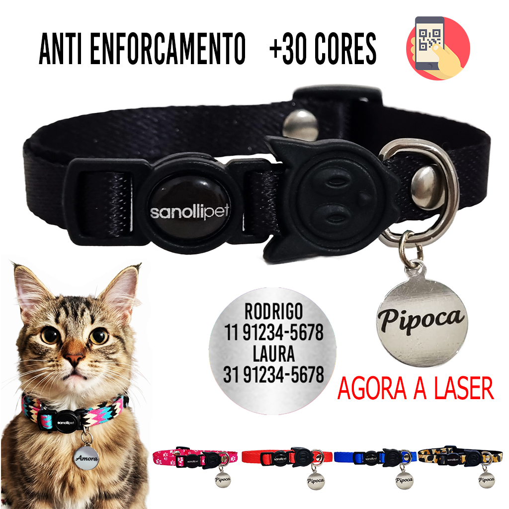 Coleira De Gato Anti Enforcamento com Plaquinha de Identificação Laser Nome E Telefone Personalizada