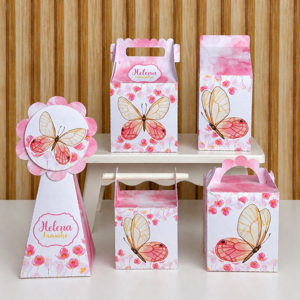 Kit Festa Caixinhas Personalizadas Jardim das Borboletas Rosas Desmontadas para Lembrancinhas