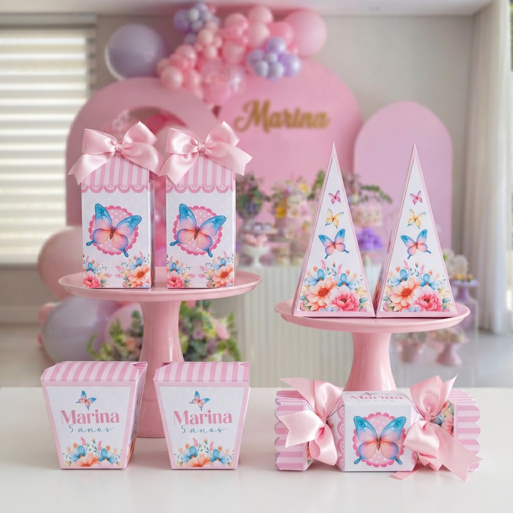 PEGUE E MONTE 20 a 60 Caixinha Lembrancinha Personalizados Jardim Encantado Borboletas Rosa e Azul