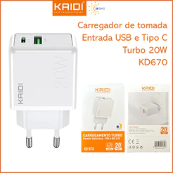 Carregador de Tomada Fonte de Carregamento Turbo 20W com entrada Tipo-C e USB KAIDI KD-670