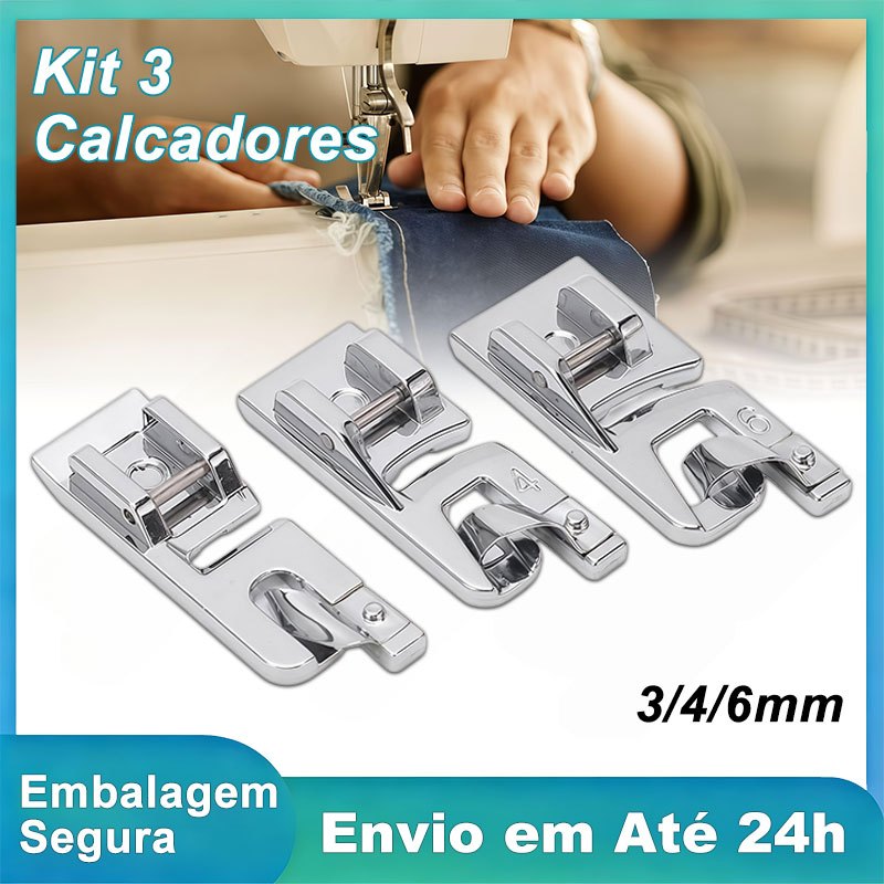 kit 3 calcadores bainha enrolada 3mm 4mm 6mm para maquina de costura domestica