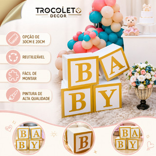 Kit Cubos BABY MDF 4 Peças 30CM e 20CM p/ Chá Revelação Menino ou Menina Trocoleto Decor