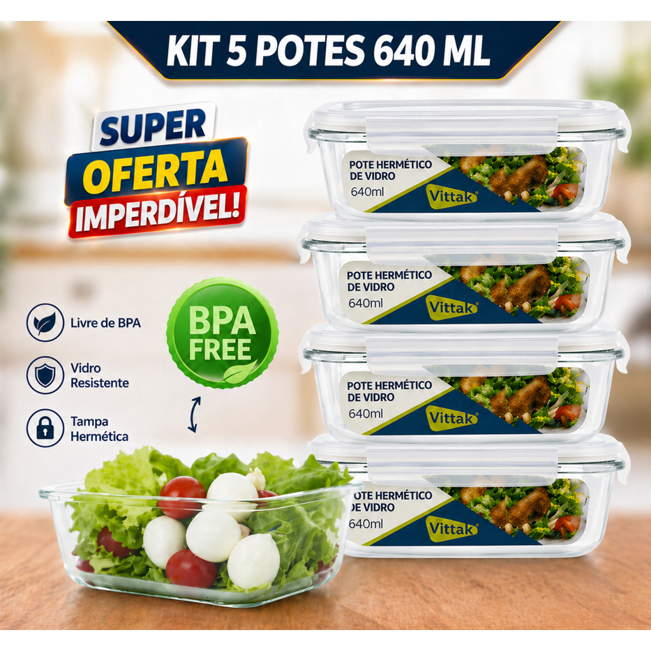Vittak Kit 5 Potes de Vidro 640ml Hermético Marmita Fit com Tampa 4 Travas
