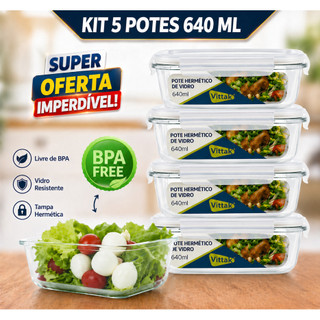 Vittak Kit 5 Potes de Vidro 640ml Hermético Marmita Fit com Tampa 4 Travas