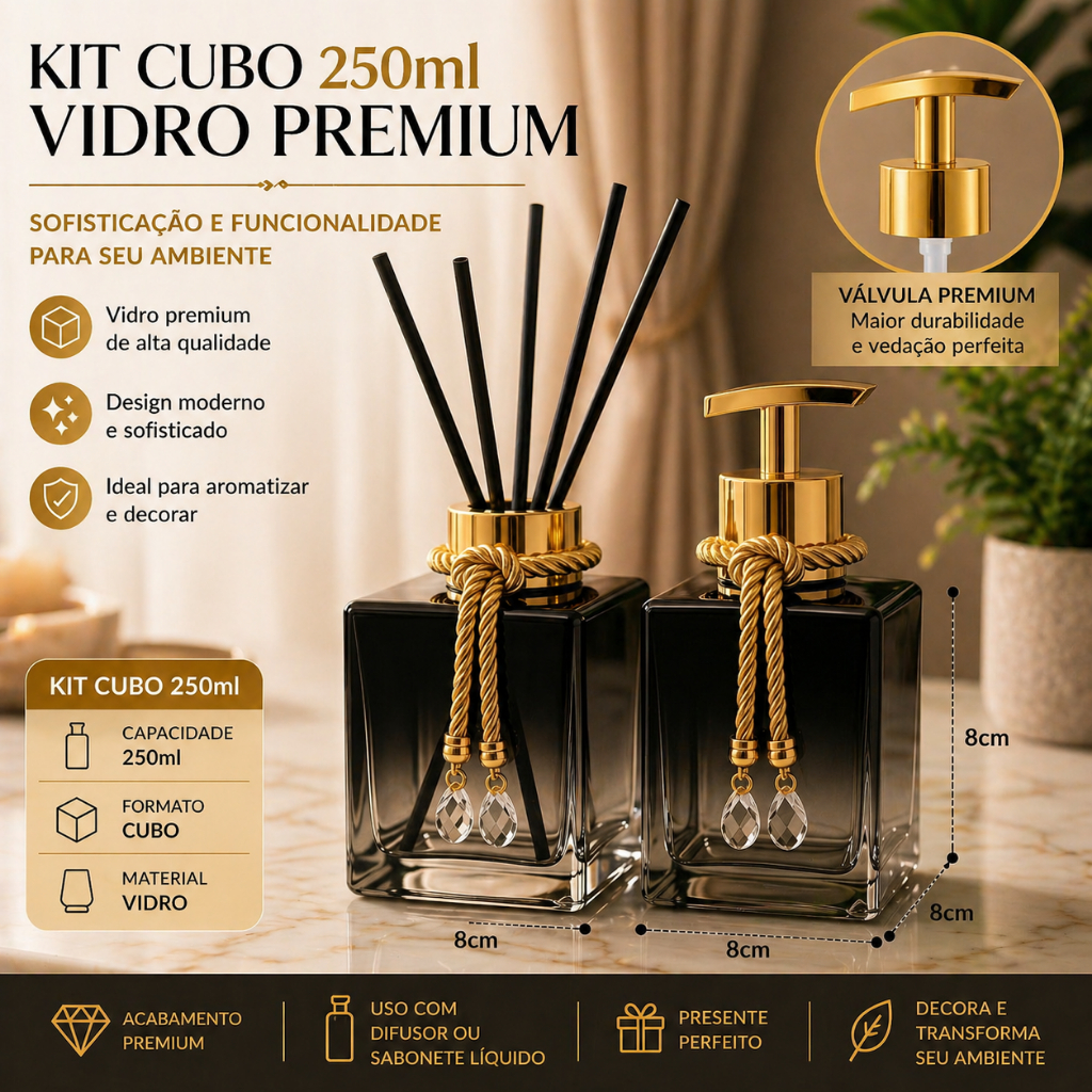 Detalhes do Kit De Banheiro Lavabo Porta Sabonete Liquido + Aromatizador de Ambiente Difusor 250ml Cubo Elegante
