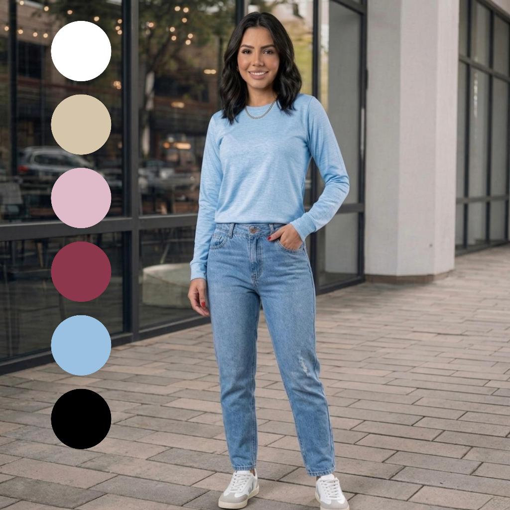 Blusa Feminina Baby Look Manga longa em Malha Algodão