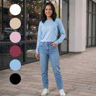 Blusa Feminina Baby Look Manga longa em Malha Algodão