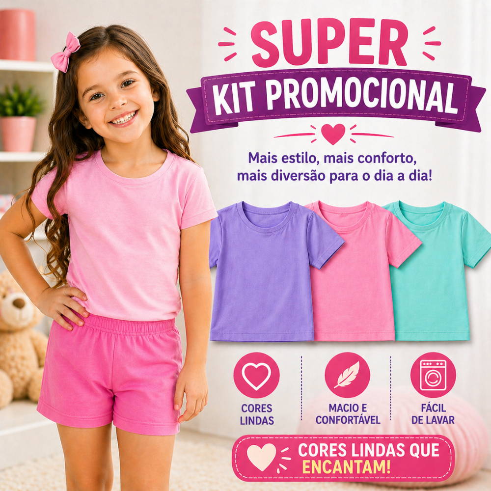 Kit Camiseta Infantil Menina Basica Lisa  Roupa Confortável para Criança Brincar Escola Creche