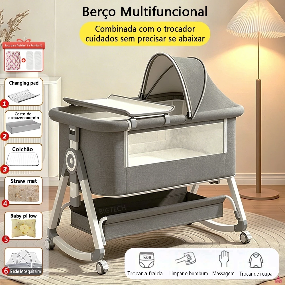 Berço Moisés Portátil Mesa De Troca Integrada 6 Níveis De Altura Anti-Refluxo 0-3 Anos
