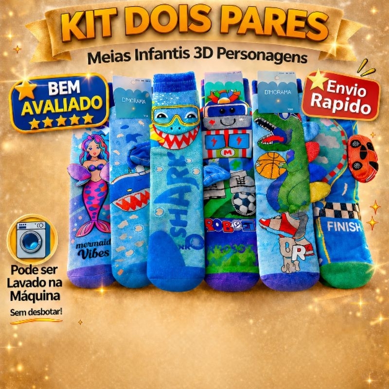 Kit 2 Pares Meia Infantil 3D Personagens Divertidos Cano Alto Confortável 30 ao 35 Criança