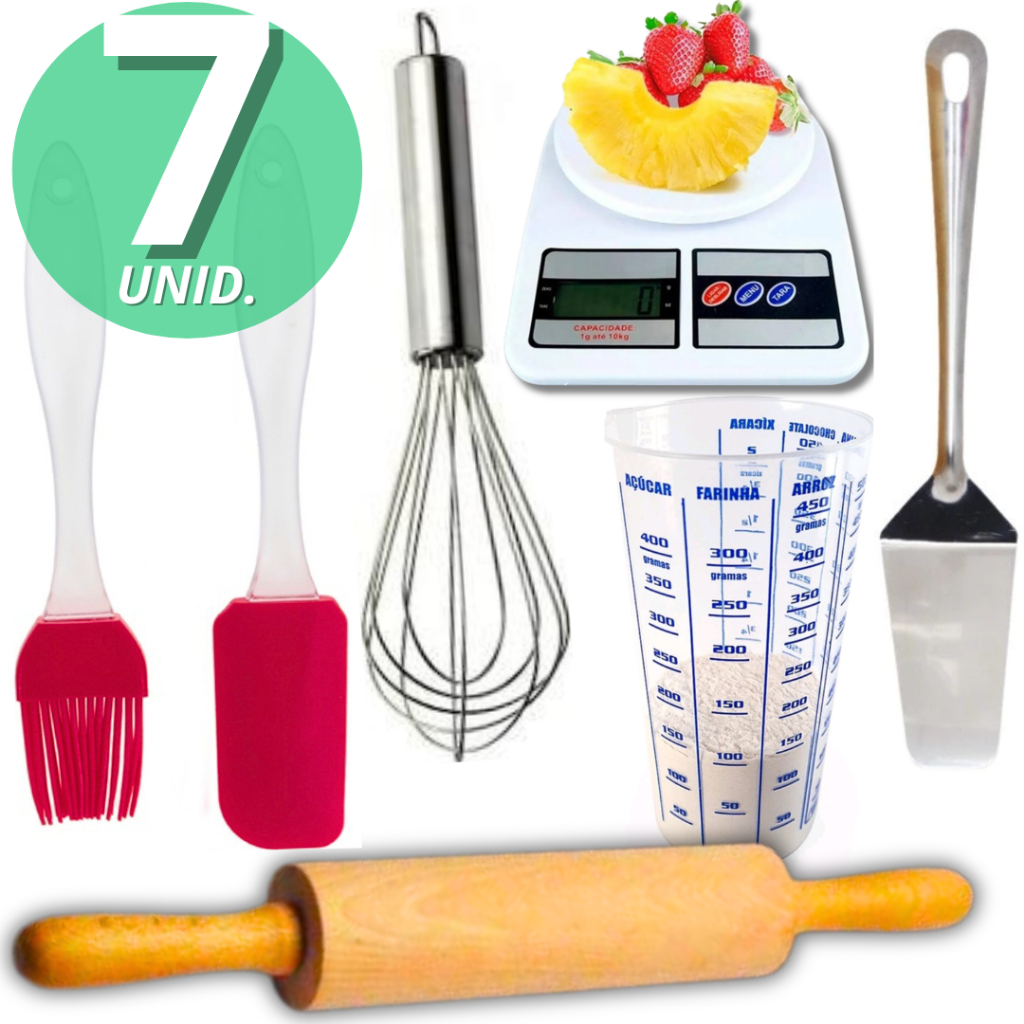 Kit Confeiteiro 7 Peças Rolo De Madeira Balança Copo Medida Fue Pincel Espatula Espatula Inox