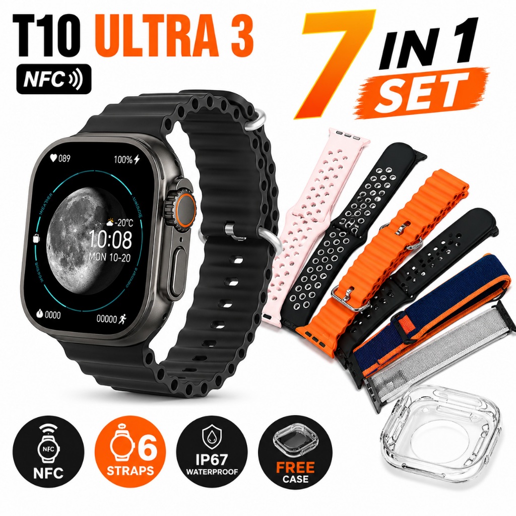 Relógio Smartwatch T10 ULTRA 3 NFC Bluetooth Chamadas 2.02" Tela Grande 6 Pulseiras