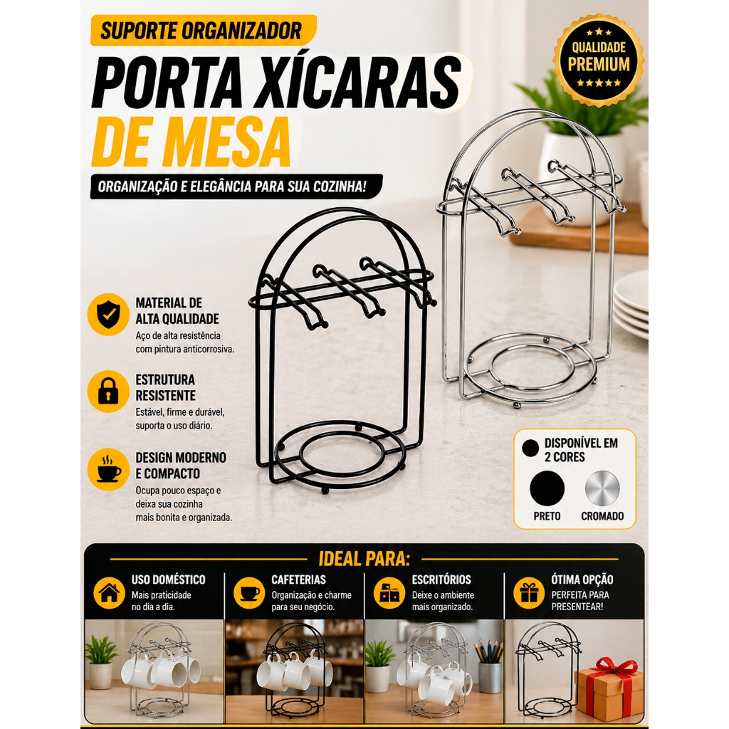 Porta Xícaras e Pires Para Mesa Cantinho Do Café Organizador 6 Ganchos Aço Inox Moderno