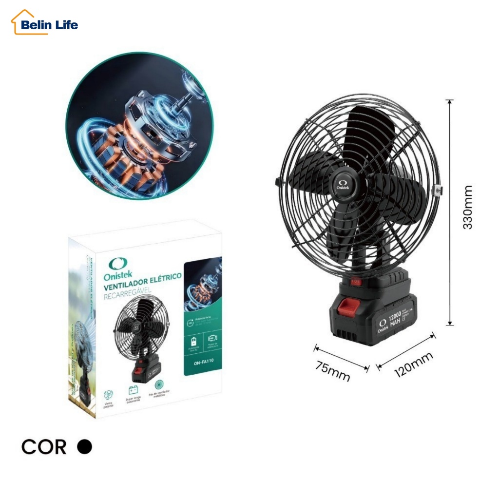 Ventilador Sem Fio 8 Polegadas Bateria 21V Recarregável 12000mAh 10h Onistek ON-FA110