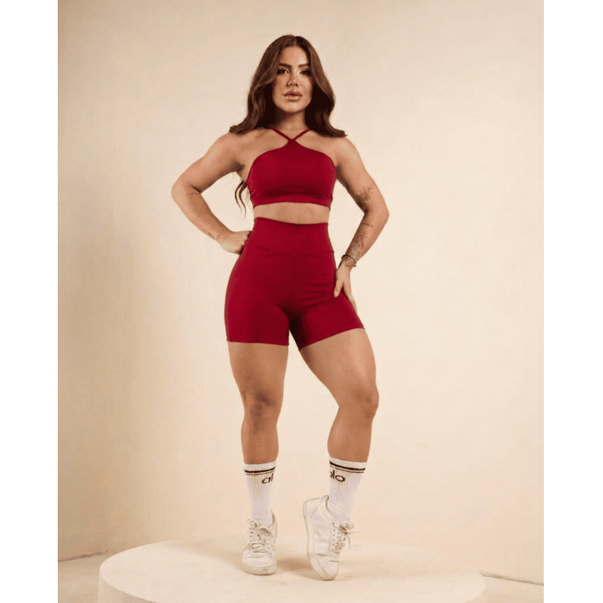 Conjunto de Academia Feminino Top + Short Vermelho Vinho Curto Cintura Alta sem Transparência com Bojo Removível