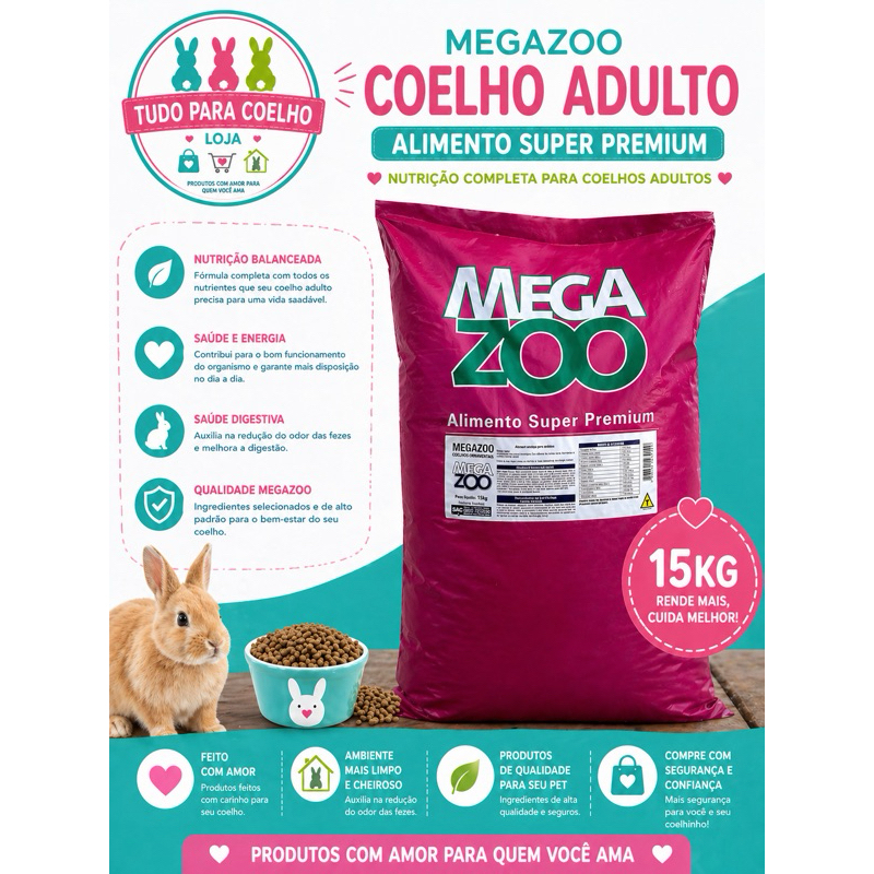 Ração Megazoo Coelho Adulto 15kg – Alimento Super Premium para Coelhos | Nutrição Completa