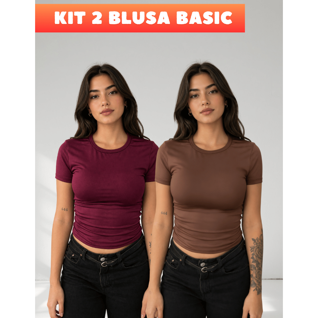 Kit 2 Blusas Baby Tee Feminina Slim Fit Manga Curta Camiseta Básica Lisa Baby Look Casual Premium