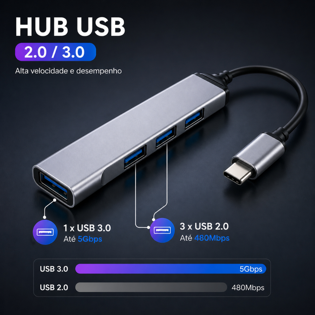 Hub USB Tipo C Com Carregador De Alta Velocidade 3.0 Adaptador OTG 4 Porta Para Computador Celular