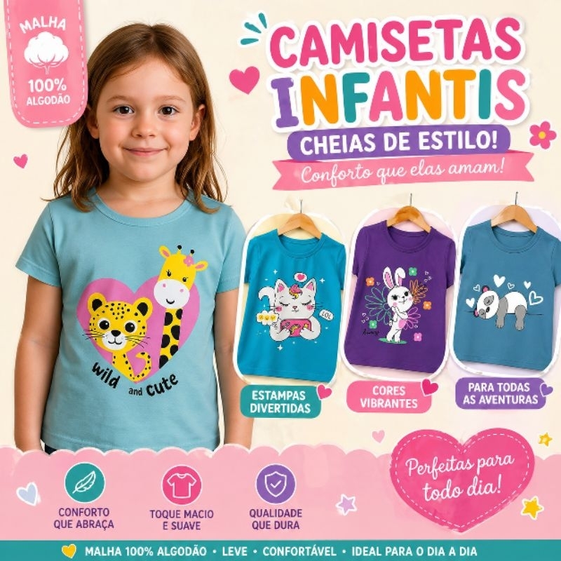 Kit 5 Camisetas Infantil Feminina Manga Curta Estampada – Malha Confortável 100% Algodão | Tam 2 ao 8