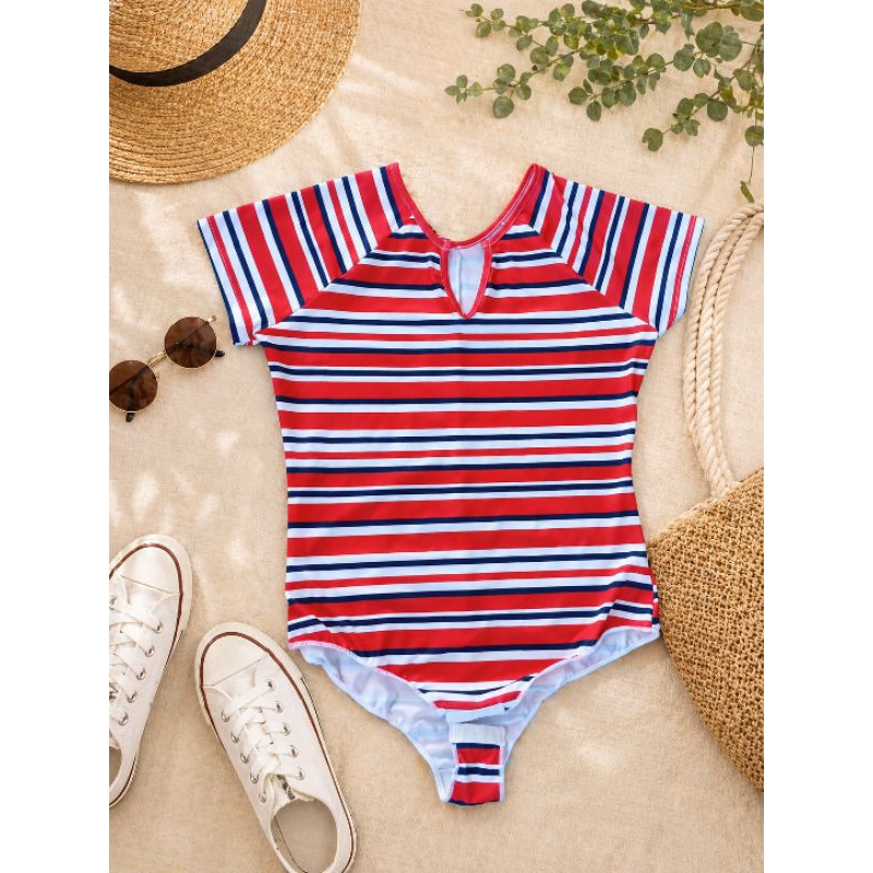 Body Feminino Listrado DeMillus Tamanho 46 Vermelho Branco Azul Manga Curta Poliéster com Elastano Moda Praia Casual