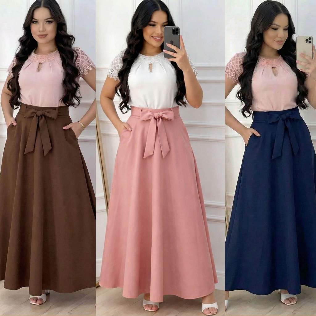 Saia Longa Feminina Godê Cintura Alta com Laço Elegante Moda Evangélica Social Várias Cores