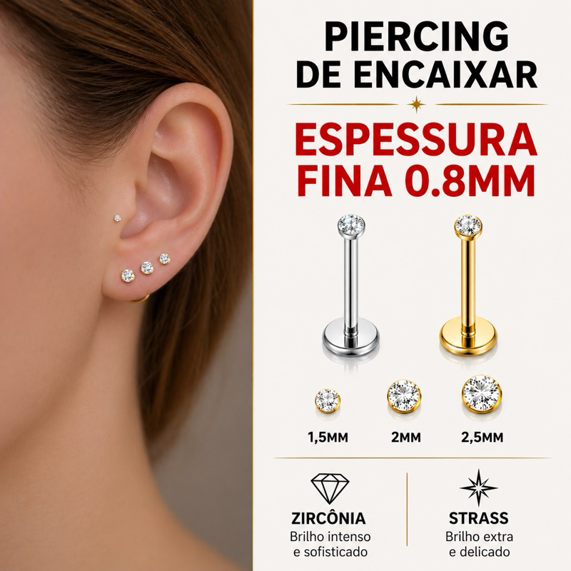 Piercing Labret ponto de luz Australiano aço cirúrgico 316L Haste Fina Push In plug - 1 peça