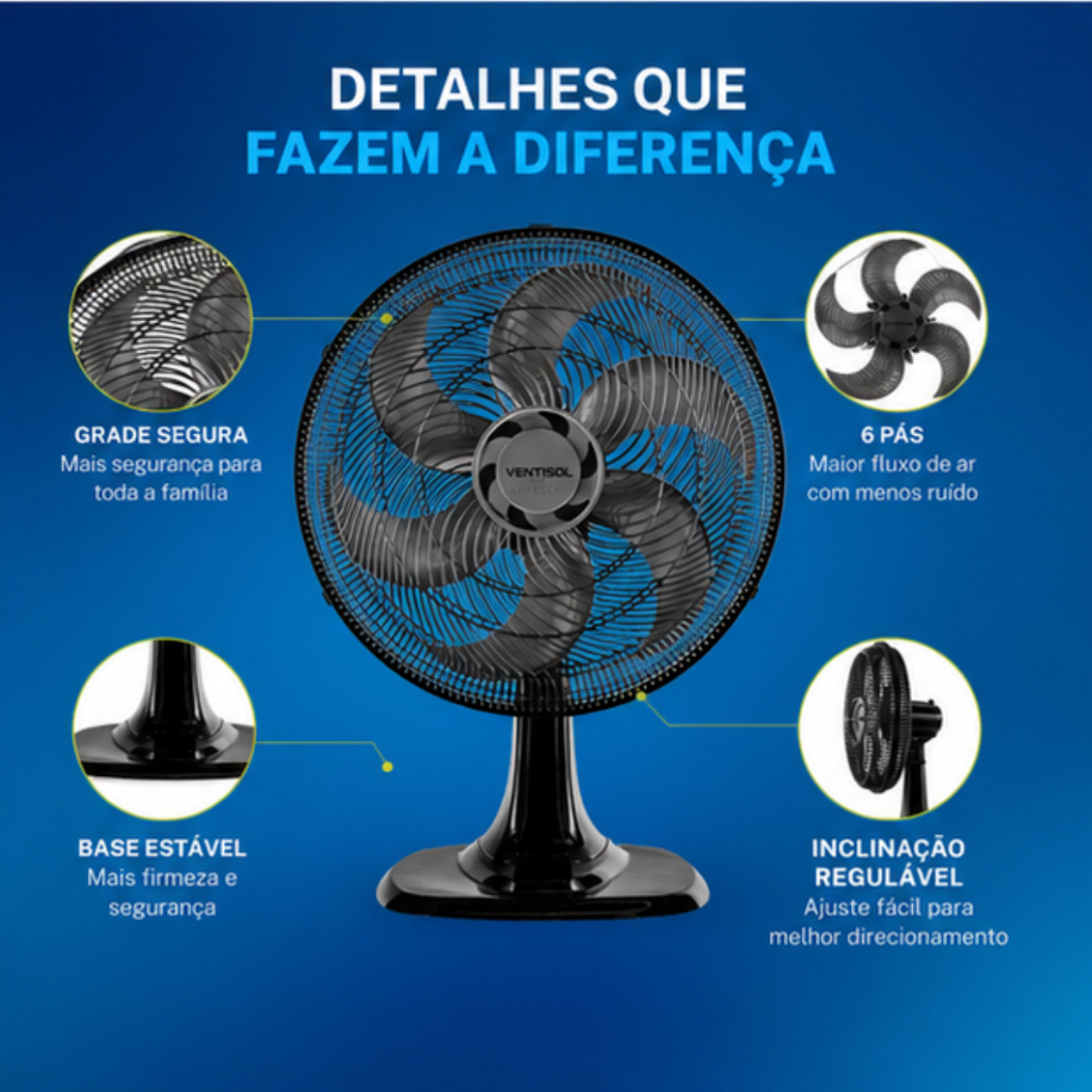 Ventilador de Mesa Ventisol 40cm Turbo 6 Pás Oscilante Silencioso Potente Econômico 127V 220V Ar Forte Baixo Ruído