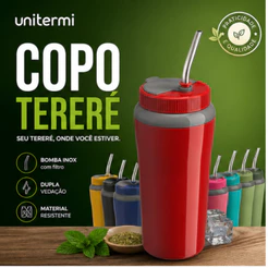 Copo Térmico Tereré Chimarrão 650ml c/ Tampa Canudo Inox Unitermi Parede Dupla Água Gelada Bebidas Kit Térmicos Cores