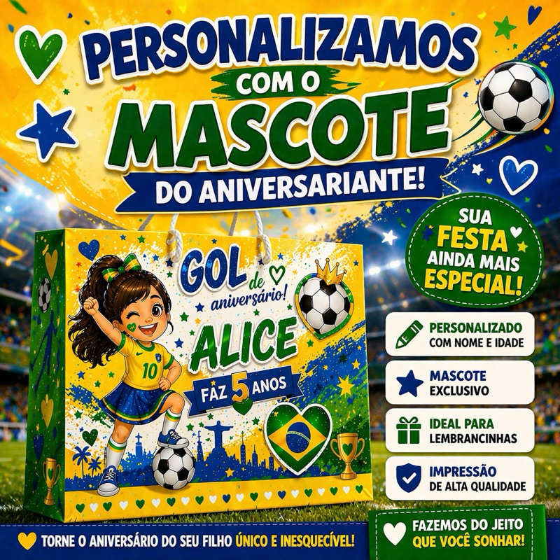 Sacola Personalizada Futebol Brasil Infantil | Lembrancinha Aniversário Tema Copa | Sacolinha com Nome, Idade e Mascote